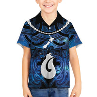 Personalized Maori Matariki Hei Matau Family Matching Off Shoulder Short Dress and Hawaiian Shirt Maori Kowhaiwhai Pattern Galaxy LT01 Son's Shirt Blue - Polynesian Pride