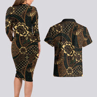 Indonesian Batik Pattern Vintage Brown Couples Matching Long Sleeve Bodycon Dress and Hawaiian Shirt