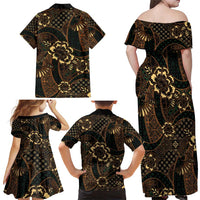 Indonesian Batik Pattern Vintage Brown Family Matching Off Shoulder Maxi Dress and Hawaiian Shirt