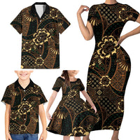 Indonesian Batik Pattern Vintage Brown Family Matching Short Sleeve Bodycon Dress and Hawaiian Shirt