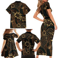 Indonesian Batik Pattern Vintage Brown Family Matching Short Sleeve Bodycon Dress and Hawaiian Shirt