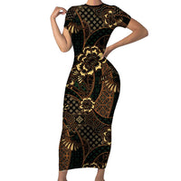 Indonesian Batik Pattern Vintage Brown Family Matching Short Sleeve Bodycon Dress and Hawaiian Shirt