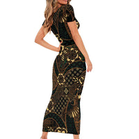 Indonesian Batik Pattern Vintage Brown Family Matching Short Sleeve Bodycon Dress and Hawaiian Shirt