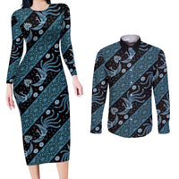 Indonesia Batik Pattern Couples Matching Long Sleeve Bodycon Dress and Long Sleeve Button Shirt Blue Version