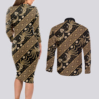Indonesia Batik Pattern Couples Matching Long Sleeve Bodycon Dress and Long Sleeve Button Shirt Gold Version