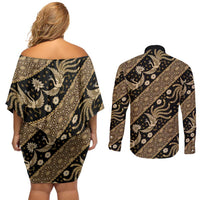Indonesia Batik Pattern Couples Matching Off Shoulder Short Dress and Long Sleeve Button Shirt Gold Version
