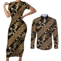Indonesia Batik Pattern Couples Matching Short Sleeve Bodycon Dress and Long Sleeve Button Shirt Gold Version
