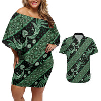 Indonesia Batik Pattern Couples Matching Off Shoulder Short Dress and Hawaiian Shirt Green Version