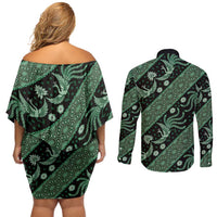 Indonesia Batik Pattern Couples Matching Off Shoulder Short Dress and Long Sleeve Button Shirt Green Version