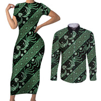 Indonesia Batik Pattern Couples Matching Short Sleeve Bodycon Dress and Long Sleeve Button Shirt Green Version