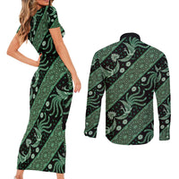 Indonesia Batik Pattern Couples Matching Short Sleeve Bodycon Dress and Long Sleeve Button Shirt Green Version