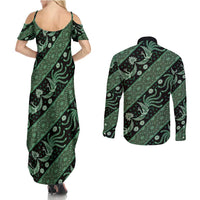 Indonesia Batik Pattern Couples Matching Summer Maxi Dress and Long Sleeve Button Shirt Green Version