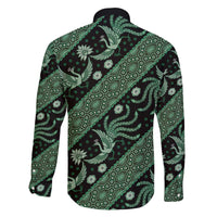 Indonesia Batik Pattern Family Matching Off The Shoulder Long Sleeve Dress and Hawaiian Shirt Green Version