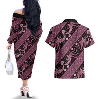Indonesia Batik Pattern Couples Matching Off The Shoulder Long Sleeve Dress and Hawaiian Shirt Pink Version