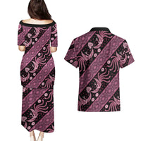 Indonesia Batik Pattern Couples Matching Puletasi and Hawaiian Shirt Pink Version