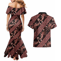 Indonesia Batik Pattern Couples Matching Mermaid Dress and Hawaiian Shirt Red Version