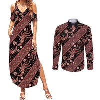 Indonesia Batik Pattern Couples Matching Summer Maxi Dress and Long Sleeve Button Shirt Red Version