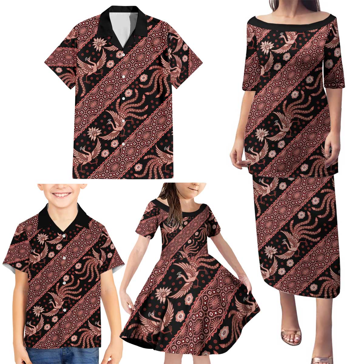 Indonesia Batik Pattern Family Matching Puletasi and Hawaiian Shirt Red Version LT01 - Polynesian Pride