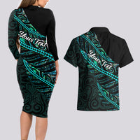 personalised-aotearoa-couples-matching-long-sleeve-bodycon-dress-and-hawaiian-shirt-silver-fern-mix-paua-shell-polynesian-pattern