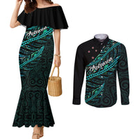 Personalised Aotearoa Couples Matching Mermaid Dress and Long Sleeve Button Shirts Silver Fern Mix Paua Shell Polynesian Pattern LT01 Black - Polynesian Pride