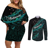 Personalised Aotearoa Couples Matching Off Shoulder Short Dress and Long Sleeve Button Shirts Silver Fern Mix Paua Shell Polynesian Pattern LT01 Black - Polynesian Pride