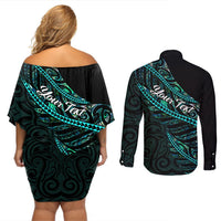 Personalised Aotearoa Couples Matching Off Shoulder Short Dress and Long Sleeve Button Shirts Silver Fern Mix Paua Shell Polynesian Pattern LT01 - Polynesian Pride