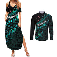 Personalised Aotearoa Couples Matching Summer Maxi Dress and Long Sleeve Button Shirts Silver Fern Mix Paua Shell Polynesian Pattern LT01 Black - Polynesian Pride