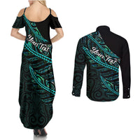 Personalised Aotearoa Couples Matching Summer Maxi Dress and Long Sleeve Button Shirts Silver Fern Mix Paua Shell Polynesian Pattern LT01 - Polynesian Pride