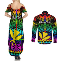 Personalised Hawaii Couples Matching Summer Maxi Dress and Long Sleeve Button Shirts Kanaka Maoli Kakau 2023 National Coming Out Day LT01 - Polynesian Pride