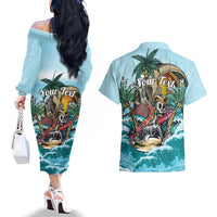 Personalized Aloha Hawaii Skeleton Couples Matching Off The Shoulder Long Sleeve Dress and Hawaiian Shirt Tropical Summer Vibe