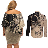 Cook Islands Turtle Couples Matching Off Shoulder Short Dress and Long Sleeve Button Shirt Stars and Hibiscus - Beige