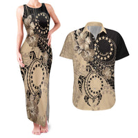 Cook Islands Turtle Couples Matching Tank Maxi Dress and Hawaiian Shirt Stars and Hibiscus - Beige