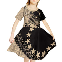 Cook Islands Turtle Kid Short Sleeve Dress Stars and Hibiscus - Beige LT01 - Polynesian Pride