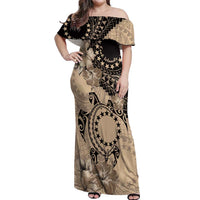 Cook Islands Turtle Off Shoulder Maxi Dress Stars and Hibiscus - Beige LT01 Women Beige - Polynesian Pride