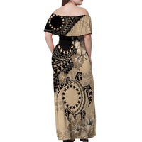 Cook Islands Turtle Off Shoulder Maxi Dress Stars and Hibiscus - Beige LT01 - Polynesian Pride