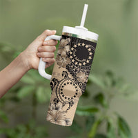 Cook Islands Turtle Tumbler With Handle Stars and Hibiscus - Beige