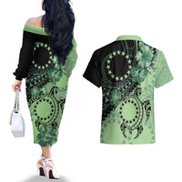 Cook Islands Turtle Couples Matching Off The Shoulder Long Sleeve Dress and Hawaiian Shirt Stars and Hibiscus - Green