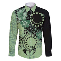 Cook Islands Turtle Family Matching Off The Shoulder Long Sleeve Dress and Hawaiian Shirt Stars and Hibiscus - Green