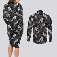 Grayscale Monstera Couples Matching Long Sleeve Bodycon Dress and Long Sleeve Button Shirt Polynesian Tribal Pattern LT01 - Polynesian Pride