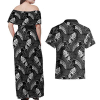 Grayscale Monstera Couples Matching Off Shoulder Maxi Dress and Hawaiian Shirt Polynesian Tribal Pattern LT01 - Polynesian Pride