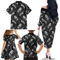 Grayscale Monstera Family Matching Off The Shoulder Long Sleeve Dress and Hawaiian Shirt Polynesian Tribal Pattern LT01 - Polynesian Pride