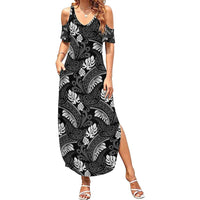 Grayscale Monstera Family Matching Summer Maxi Dress and Hawaiian Shirt Polynesian Tribal Pattern LT01 Mom's Dress Black - Polynesian Pride