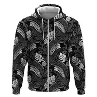 Grayscale Monstera Zip Hoodie Polynesian Tribal Pattern - Polynesian Pride