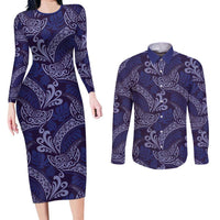 Deep Blue Monstera Couples Matching Long Sleeve Bodycon Dress and Long Sleeve Button Shirt Polynesian Tribal Pattern LT01 Blue - Polynesian Pride