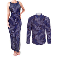 Deep Blue Monstera Couples Matching Tank Maxi Dress and Long Sleeve Button Shirt Polynesian Tribal Pattern LT01 Blue - Polynesian Pride