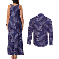 Deep Blue Monstera Couples Matching Tank Maxi Dress and Long Sleeve Button Shirt Polynesian Tribal Pattern LT01 - Polynesian Pride