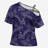 Deep Blue Monstera Cross Shoulder Shirt Polynesian Tribal Pattern LT01 Female Blue - Polynesian Pride
