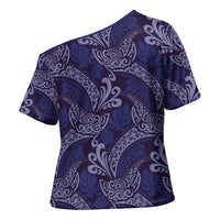 Deep Blue Monstera Cross Shoulder Shirt Polynesian Tribal Pattern LT01 - Polynesian Pride