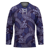 Deep Blue Monstera Hockey Jersey Polynesian Tribal Pattern LT01 Unisex Blue - Polynesian Pride