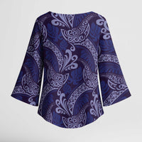 Deep Blue Monstera Kimono Sleeve Blouse Polynesian Tribal Pattern LT01 - Polynesian Pride